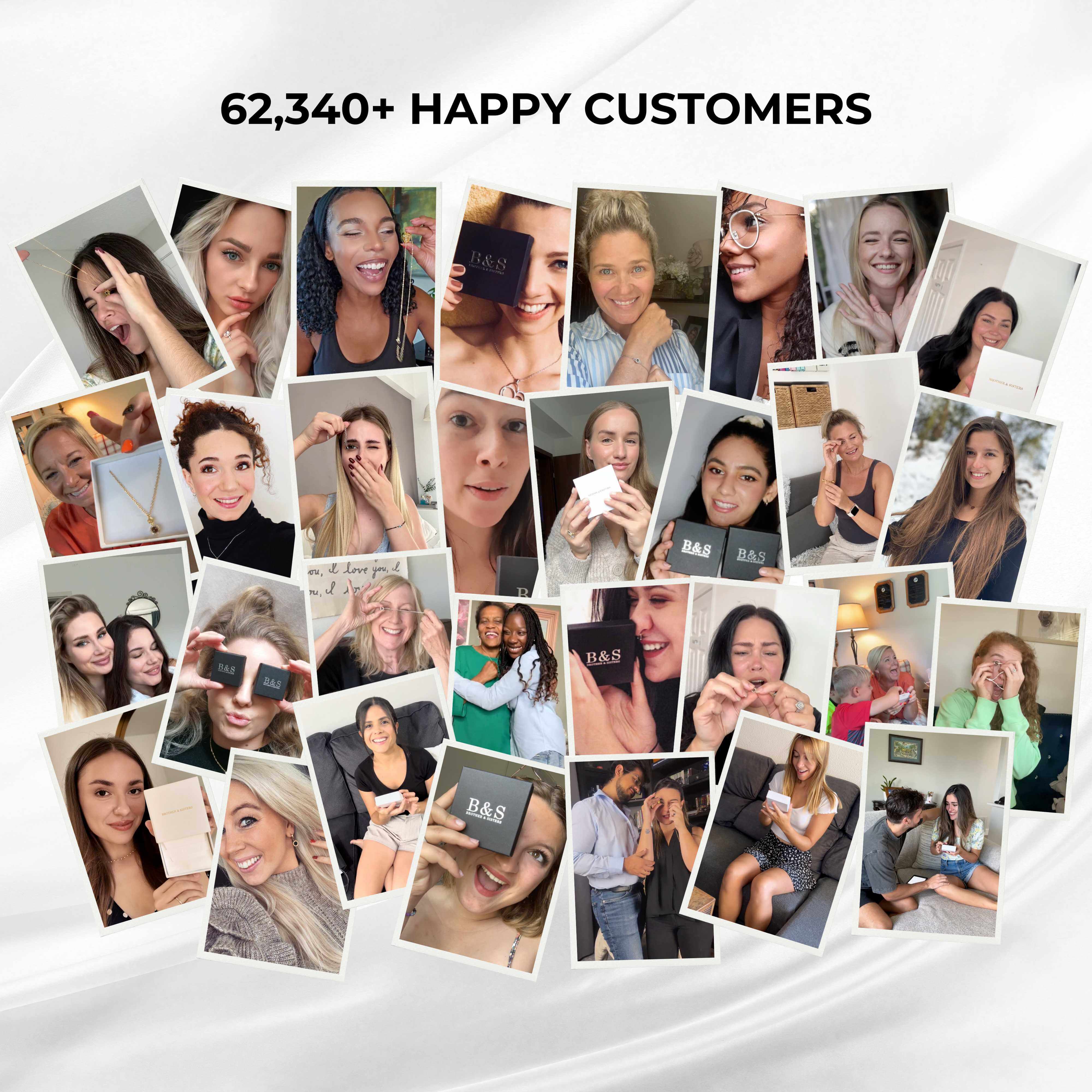Collage of 62,340+ happy customers showcasing the Double Heart Photo Necklace by Brother & Sisters.