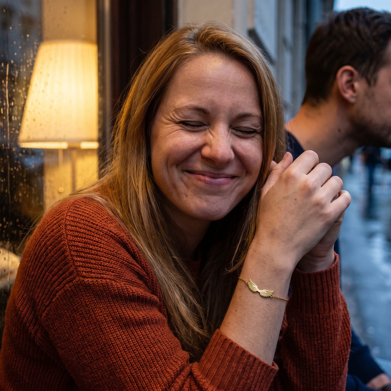 Woman laughing, wearing the gold bracelet | SKU: 42006-gold