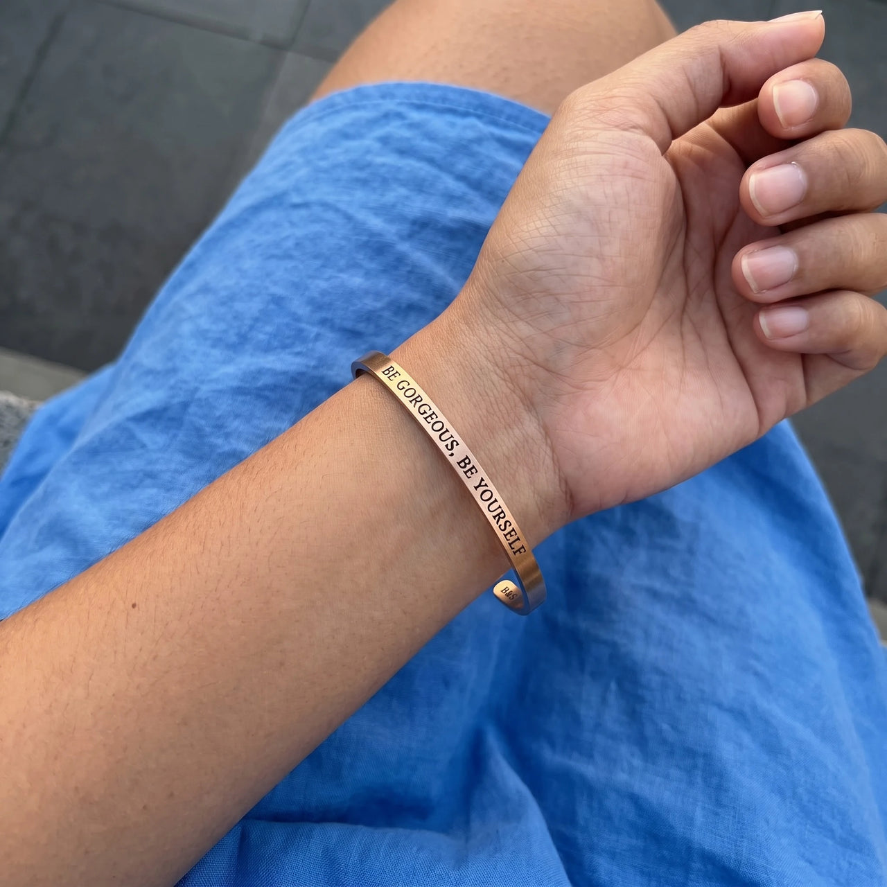Cuff bracelet — worn, real size, rose gold | SKU: bgby-rg