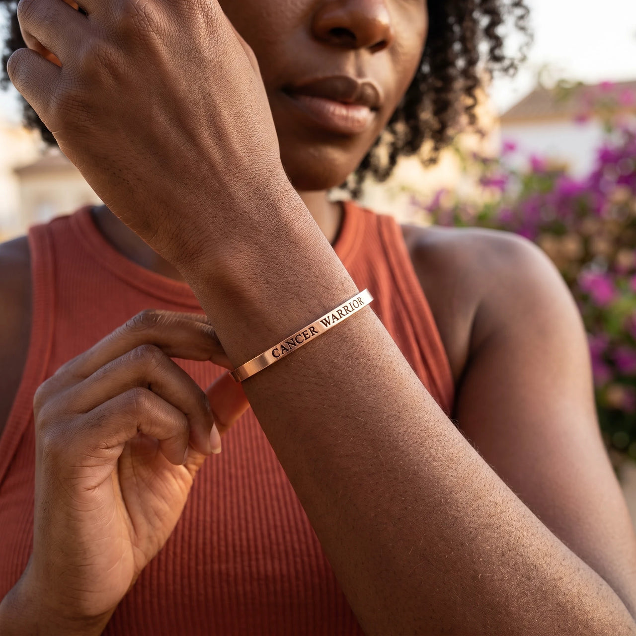 Breast cancer bracelets — worn, everyday gesture, rose gold | SKU: 7220397-rose-gold-plated