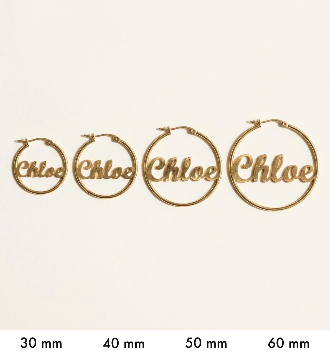 Custom Name Hoop Earrings size guide, the four hoop diameters side by side: 30, 40, 50 and 60 mm
