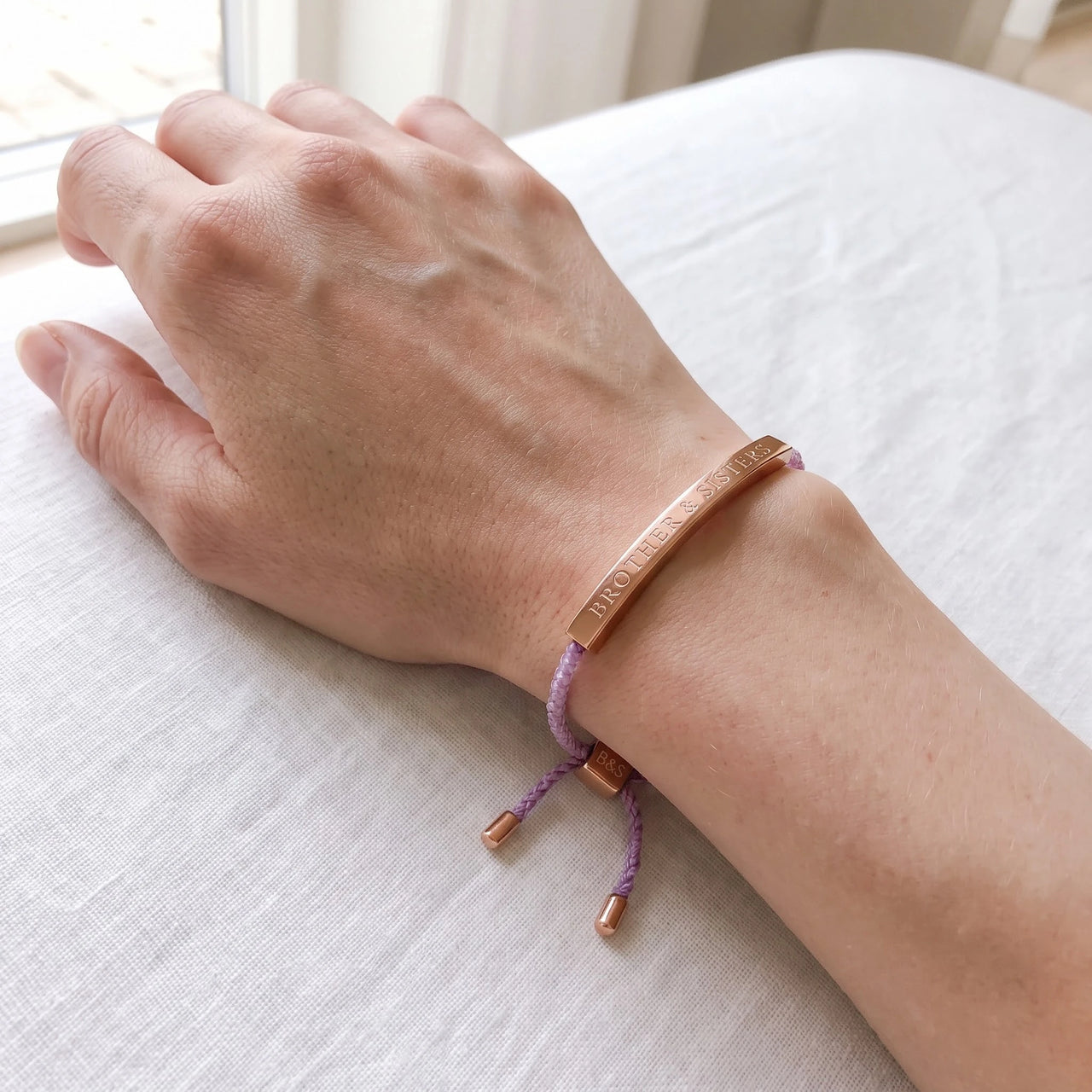 Purple bracelet — worn, real size, rose gold | SKU: lemauve-rg