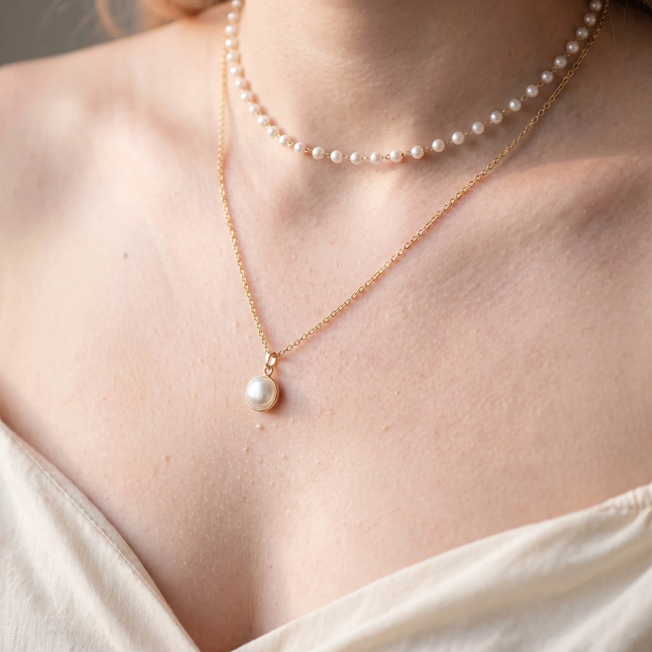 Pearl pendant necklace — close-up of the details, gold | SKU: lepure
