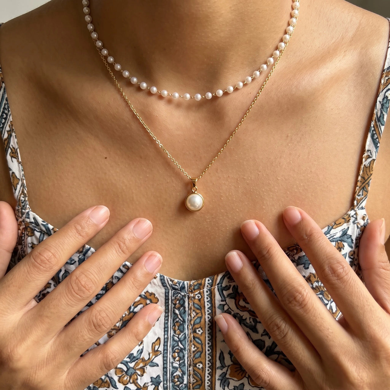 Layered pearl necklace — worn, real size, gold | SKU: lepure