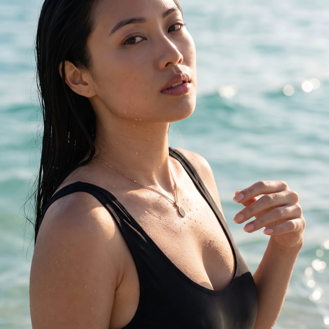 Pineapple necklace — worn in the water, waterproof, rose gold | SKU: 8050907-rose-gold