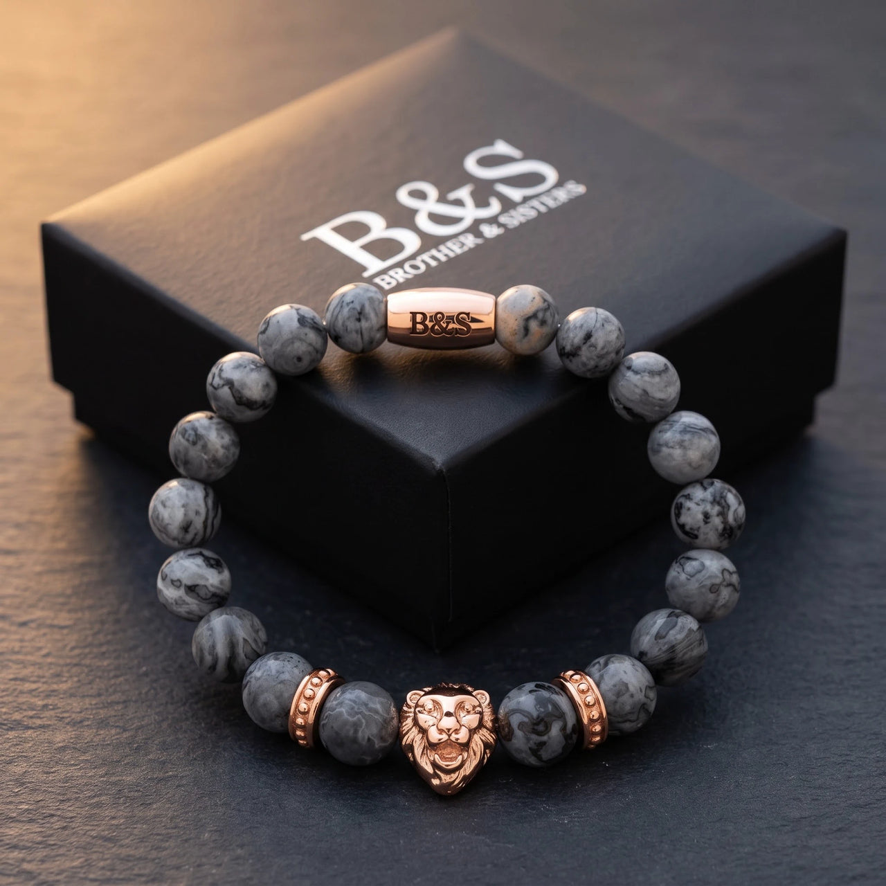 Rose Gold Lion & Grey Stones Bracelet – in the Brother & Sisters gift box | Brother & Sisters | SKU: 20866222-rose-gold-XS-14-15, 20866222-rose-gold-S-16-17, 20866222-rose-gold-M-18-19, 20866222-rose-gold-L-20-21, 20866222-rose-gold-XL-22-23