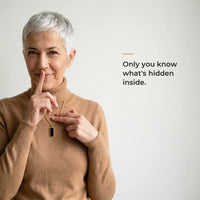 Thumbnail for Woman wearing the black gold bar pendant, only she knows the photo inside | SKU: TPH-BARN-GOLD
