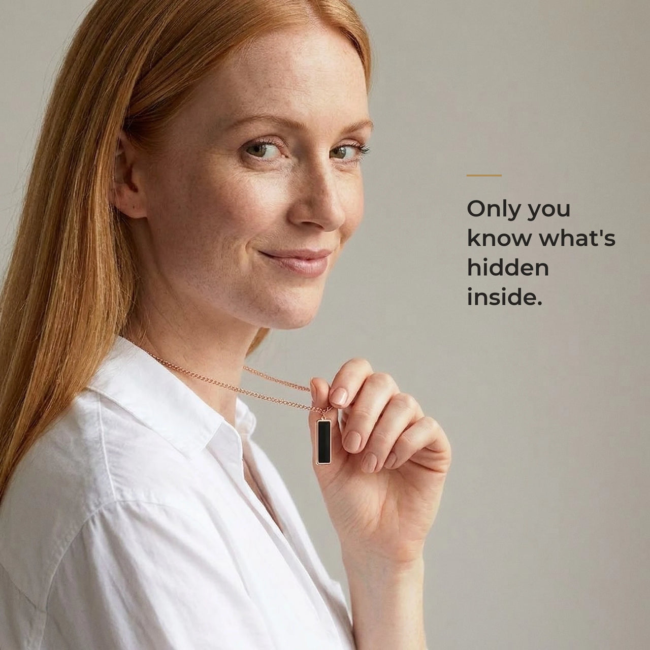 Woman wearing the black rose gold bar pendant, only she knows the photo inside | SKU: TPH-BARN-ROSEGOLD