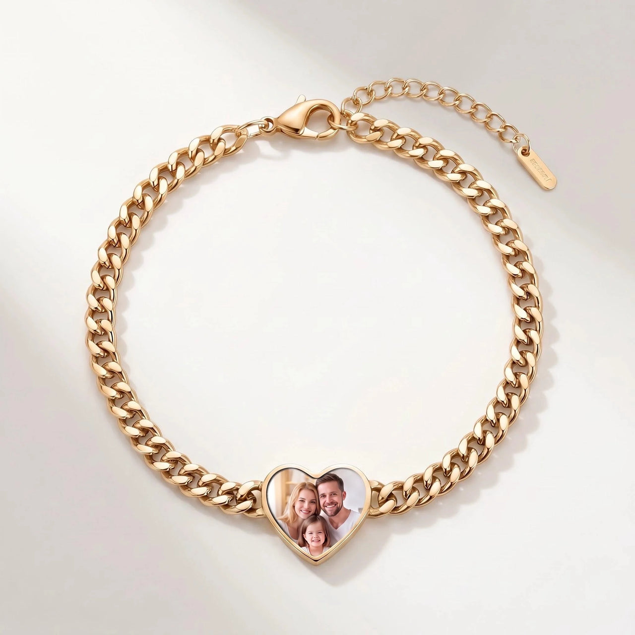 Secret Heart Photo Bracelet in gold, heart charm on a curb chain with the hidden photo revealed by warmth | SKU: TPH-HRTB-GOLD