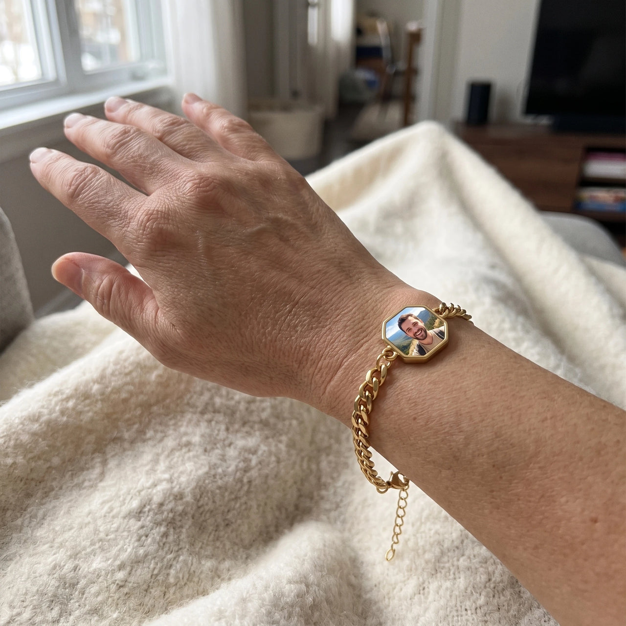 The gold octagon photo bracelet on the wrist, showing the lobster clasp and extension chain | SKU: TPH-OCTB-GOLD-18