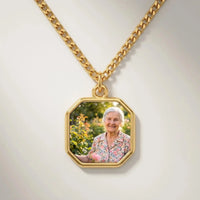 Thumbnail for Secret Octagon Photo Necklace in gold, black octagon pendant turning into a hidden photo when warmed | SKU: TPH-OCTN-GOLD