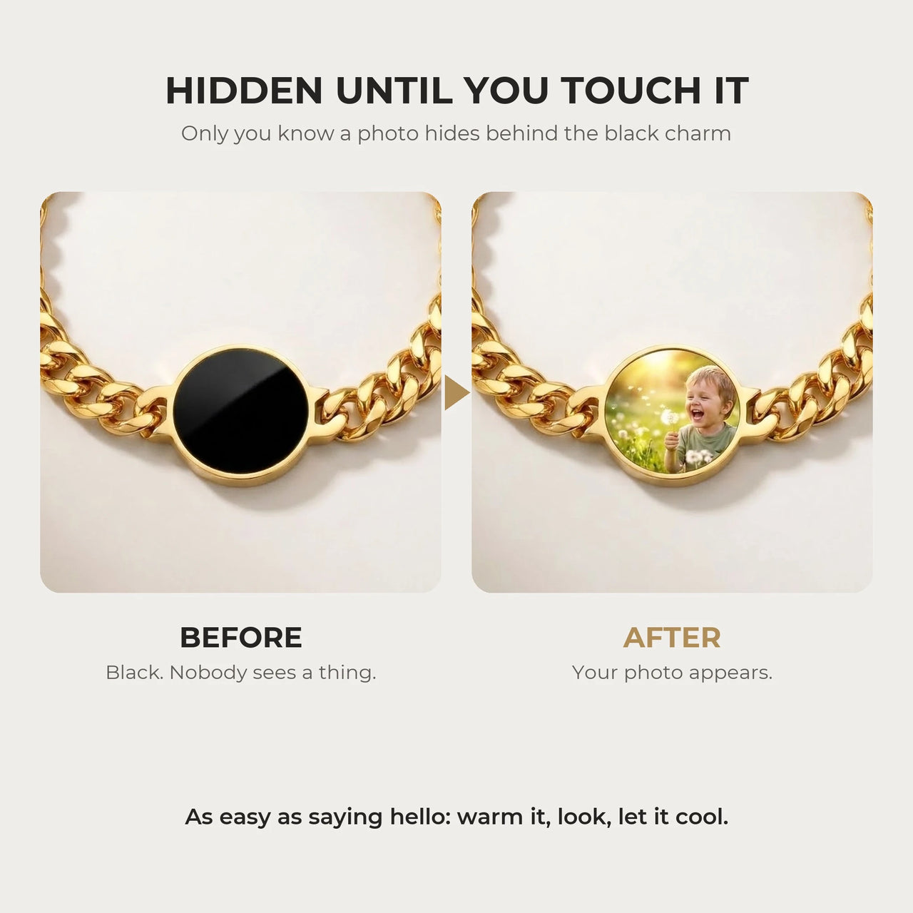 Before and after: black round charm on the gold bracelet, then the photo revealed by warmth | SKU: TPH-RNDB-GOLD