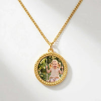 Thumbnail for Secret Round Photo Necklace in gold, black round pendant turning into a hidden photo when warmed | SKU: TPH-RNDN-GOLD