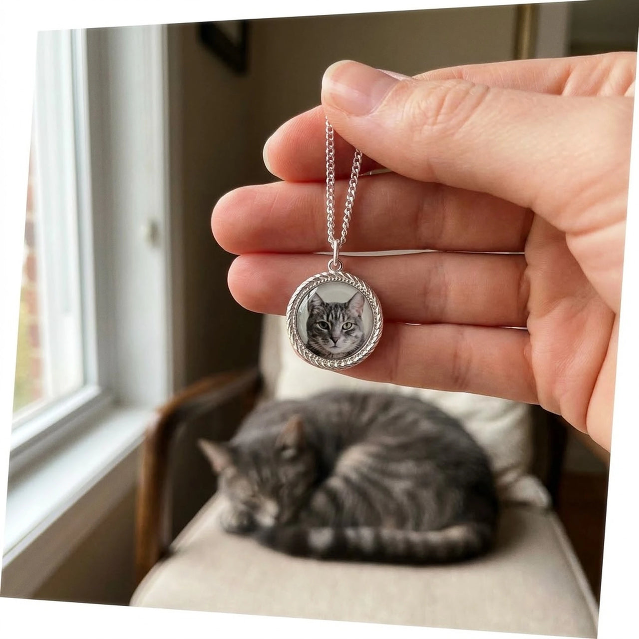 Customer photo: the silver round necklace with her cat's photo, her cat in the background | SKU: TPH-RNDN-SILVER