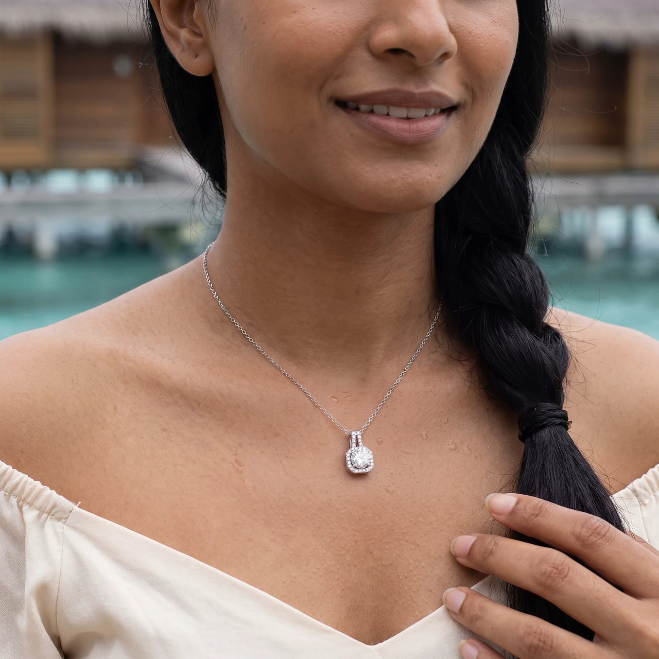 Square pendant necklace — worn on a getaway, silver | SKU: 505762