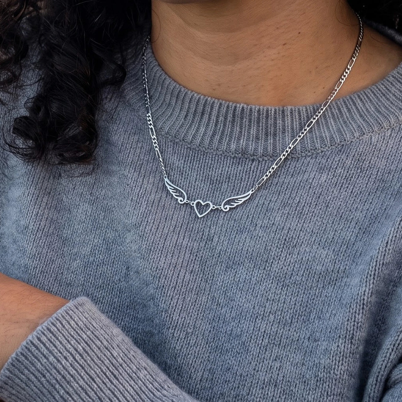 The silver necklace worn, close-up | SKU: 42004-silver