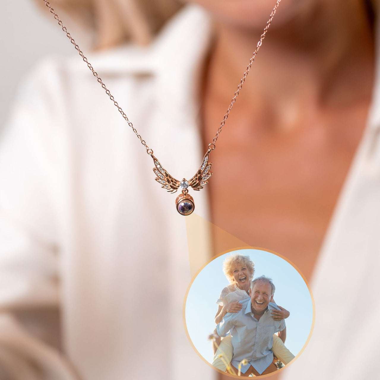 Wings Photo Personalised Necklace  - Photo Necklace - Photo Projection Necklace Necklace Rose Gold Brother & Sisters