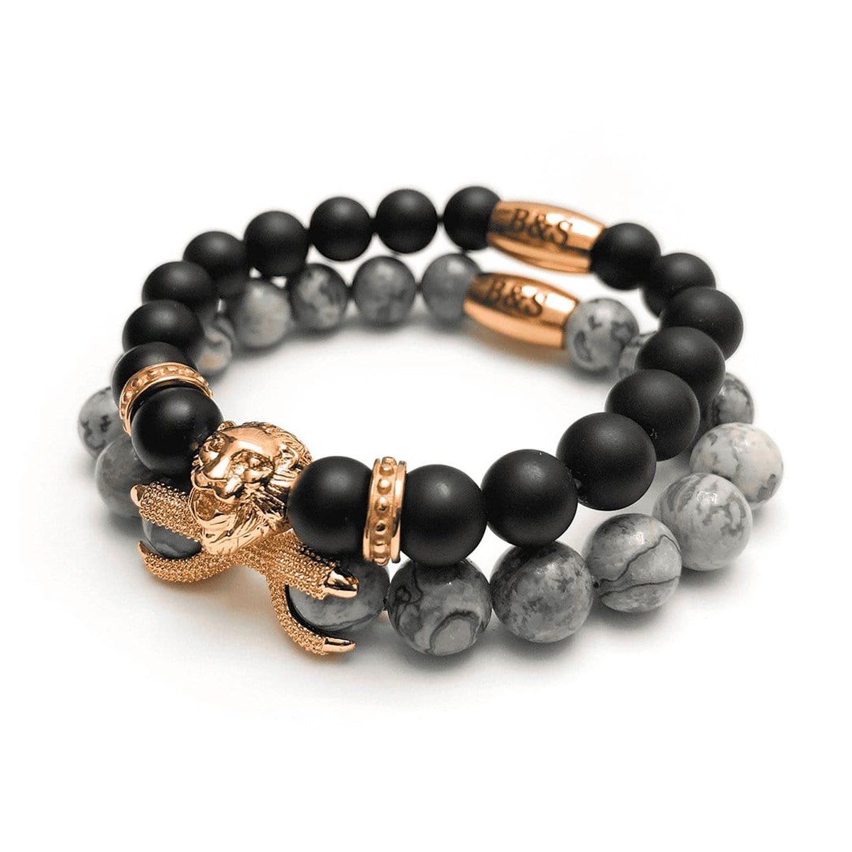 Man Bracelets - Men’s Beaded Bracelets - Rose Gold Lion with Black & Grey Stones Set - Mens Bracelet Bracelet Brother & Sisters