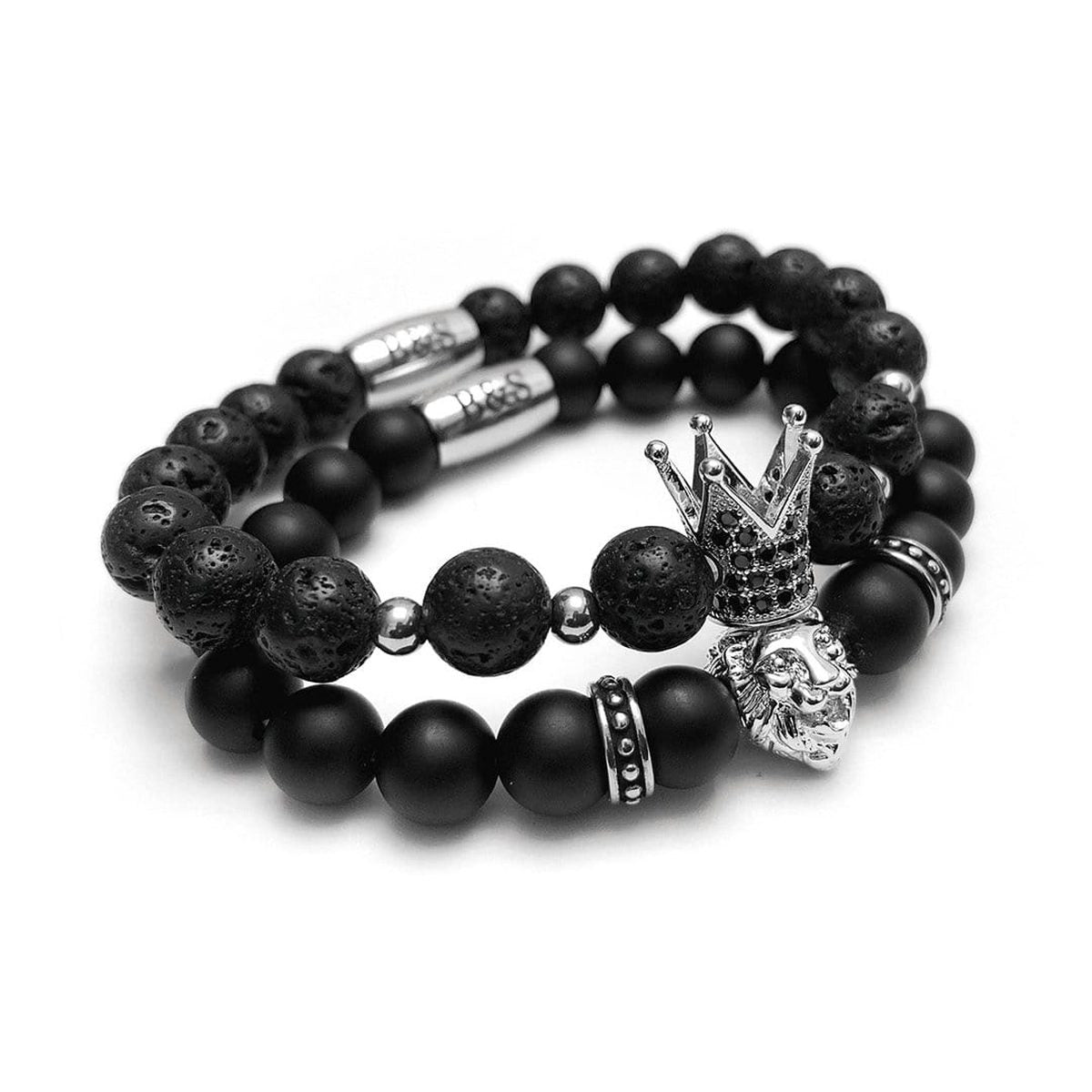 Man Bracelets - Men’s Beaded Bracelets - White Gold Crowned Lion Set - Men’s Bracelet Bracelet Brother & Sisters